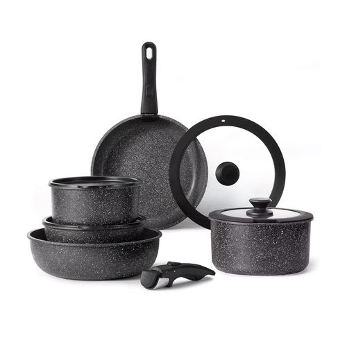 CAROTE Juego/kit 11 piezas de ollas y sartenes antiadherentes con mango desmontable. Negro